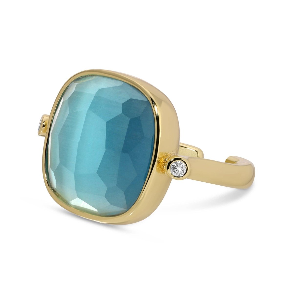 Aqua Cat Eye Square Stone Ring with Cubic Zirconia Accents