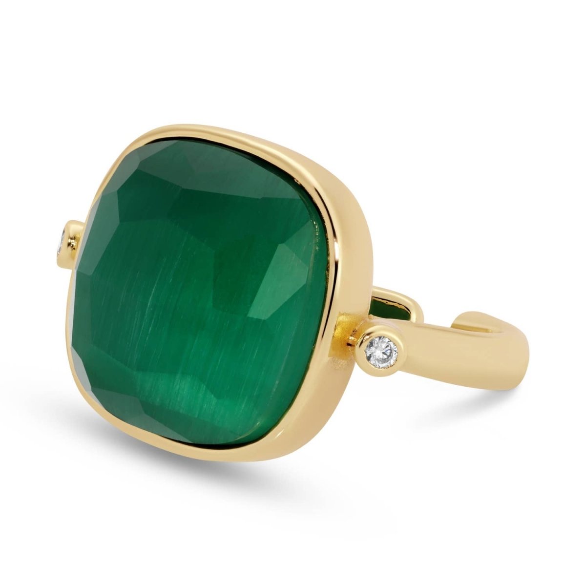 Aqua Cat Eye Square Stone Ring with Cubic Zirconia Accents