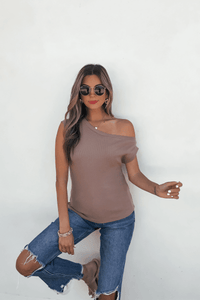 Brown Off The Shoulder Ribbed Top