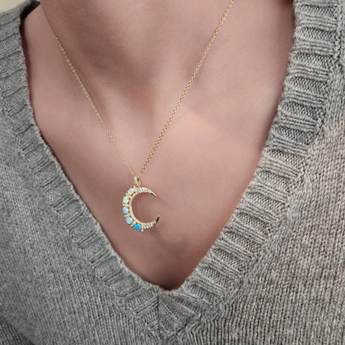 Crescent Moon Pendant Necklace With Opals and CZs by HolyBang Jewels
