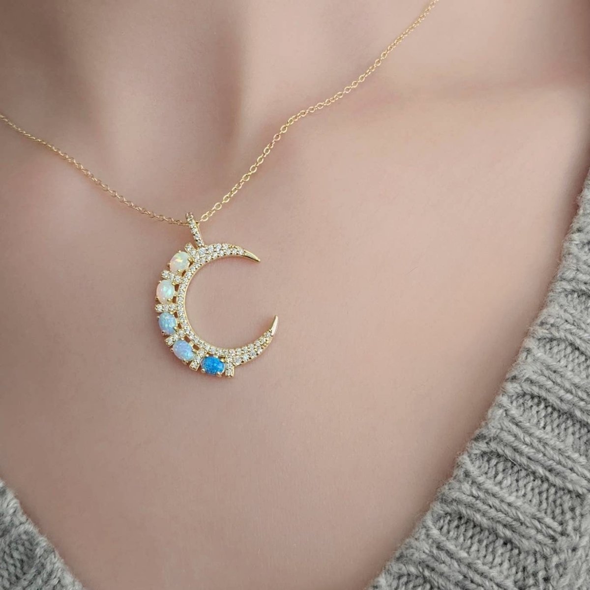 Crescent Moon Pendant Necklace With Opals and CZs by HolyBang Jewels