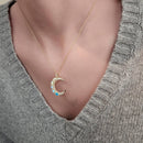 Crescent Moon Pendant Necklace With Opals and CZs by HolyBang Jewels