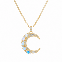 Crescent Moon Pendant Necklace With Opals and CZs