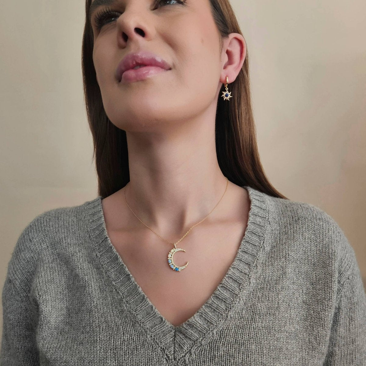 Crescent Moon Pendant Necklace With Opals and CZs by HolyBang Jewels