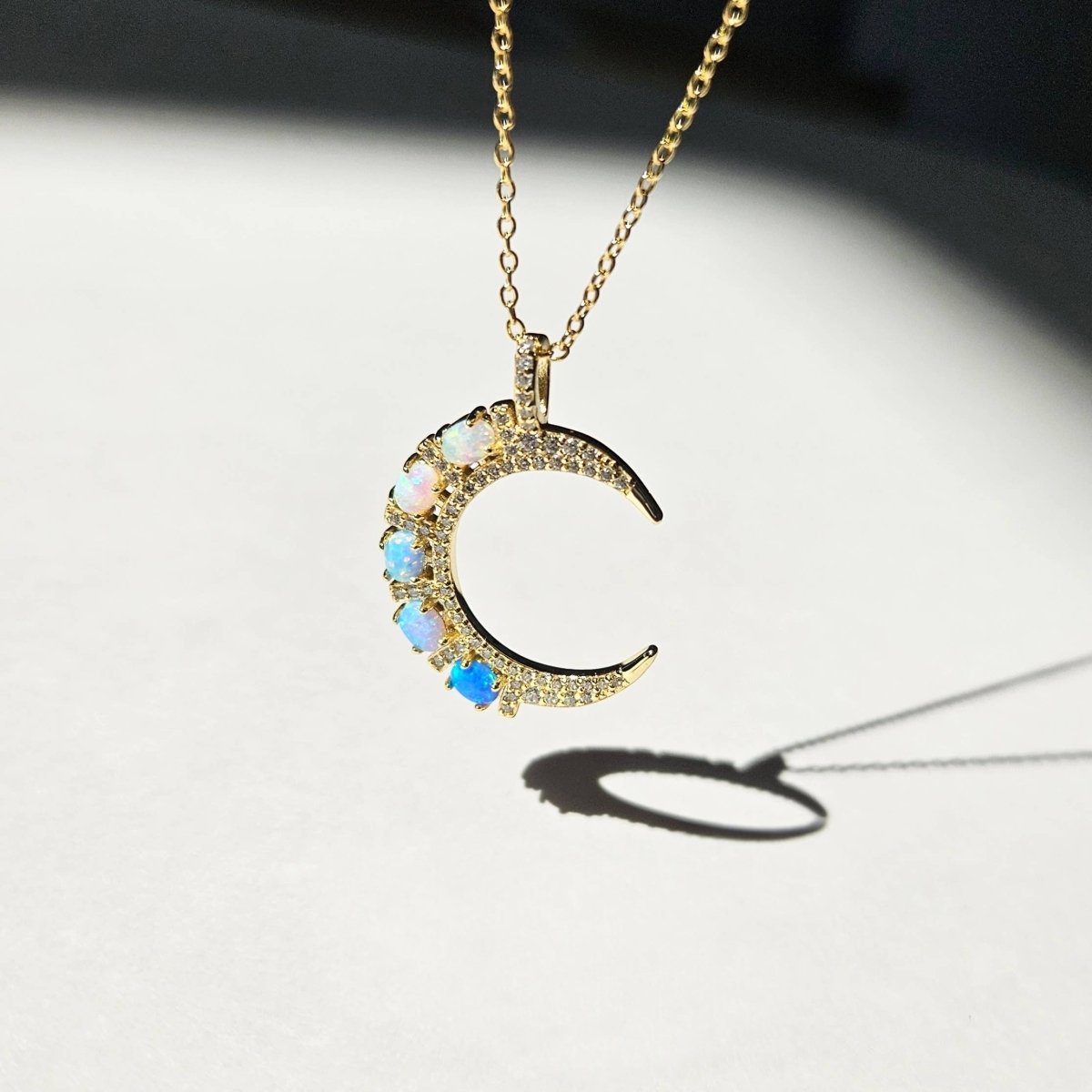 Crescent Moon Pendant Necklace With Opals and CZs by HolyBang Jewels