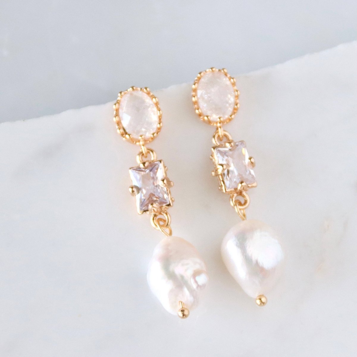 CZ Opalite, Freshwater Pearl Drop Earrings