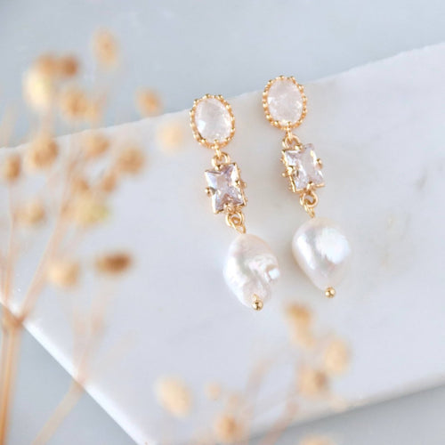 CZ Opalite, Freshwater Pearl Drop Earrings