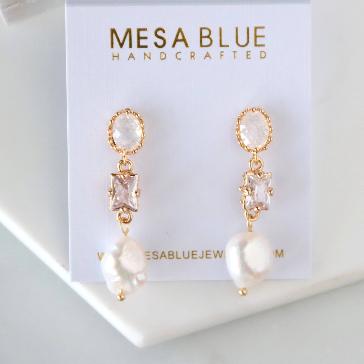 CZ Opalite, Freshwater Pearl Drop Earrings