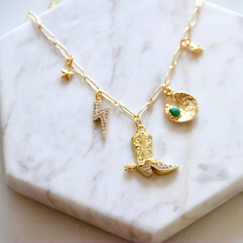 Desert Charm Necklace, Boot, Star, Bolt, Copper Turquoise
