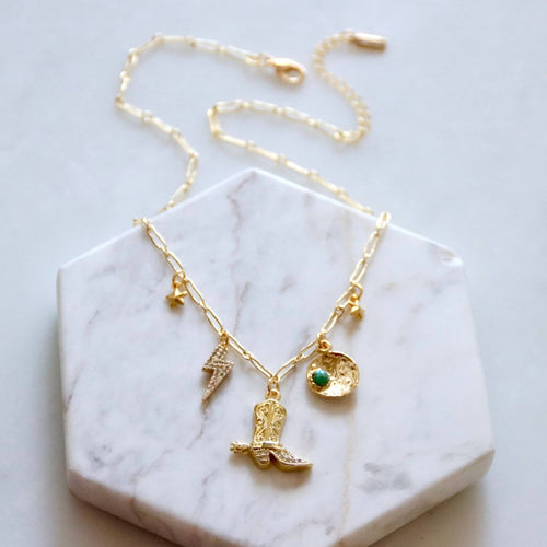 Desert Charm Necklace, Boot, Star, Bolt, Copper Turquoise