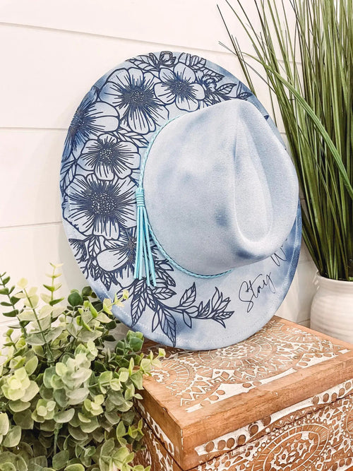 Engraved Floral Hat: Ocean Blue