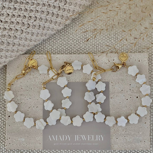 Flower Clover Shell Pearl Bracelet Layering Bracelet Style by Amady Jewelry