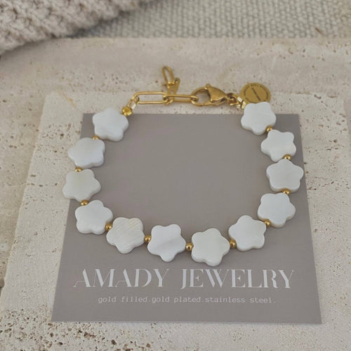 Flower Clover Shell Pearl Bracelet Layering Bracelet Style by Amady Jewelry