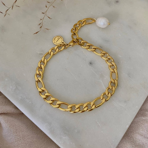 Gina 18K Gold Plated Figaro Chain Bracelet With Pearl Charm