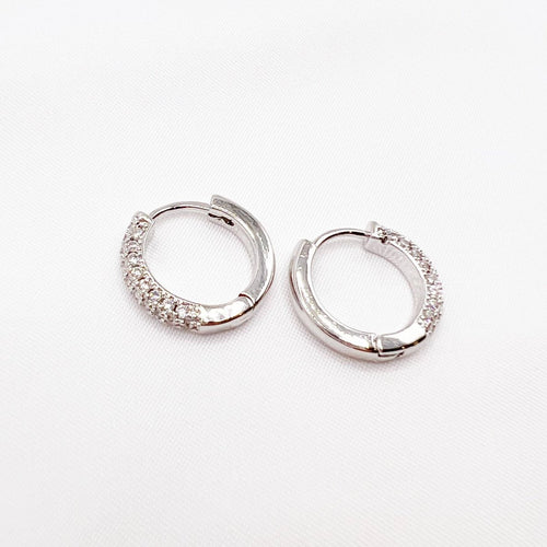 Glisten Pave Silver White Gold Filled Huggie Hoops Earrings by True by Kristy Jewelry