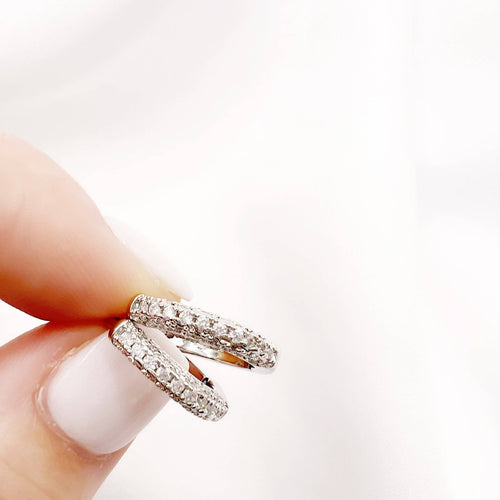 Glisten Pave Silver White Gold Filled Huggie Hoops Earrings by True by Kristy Jewelry