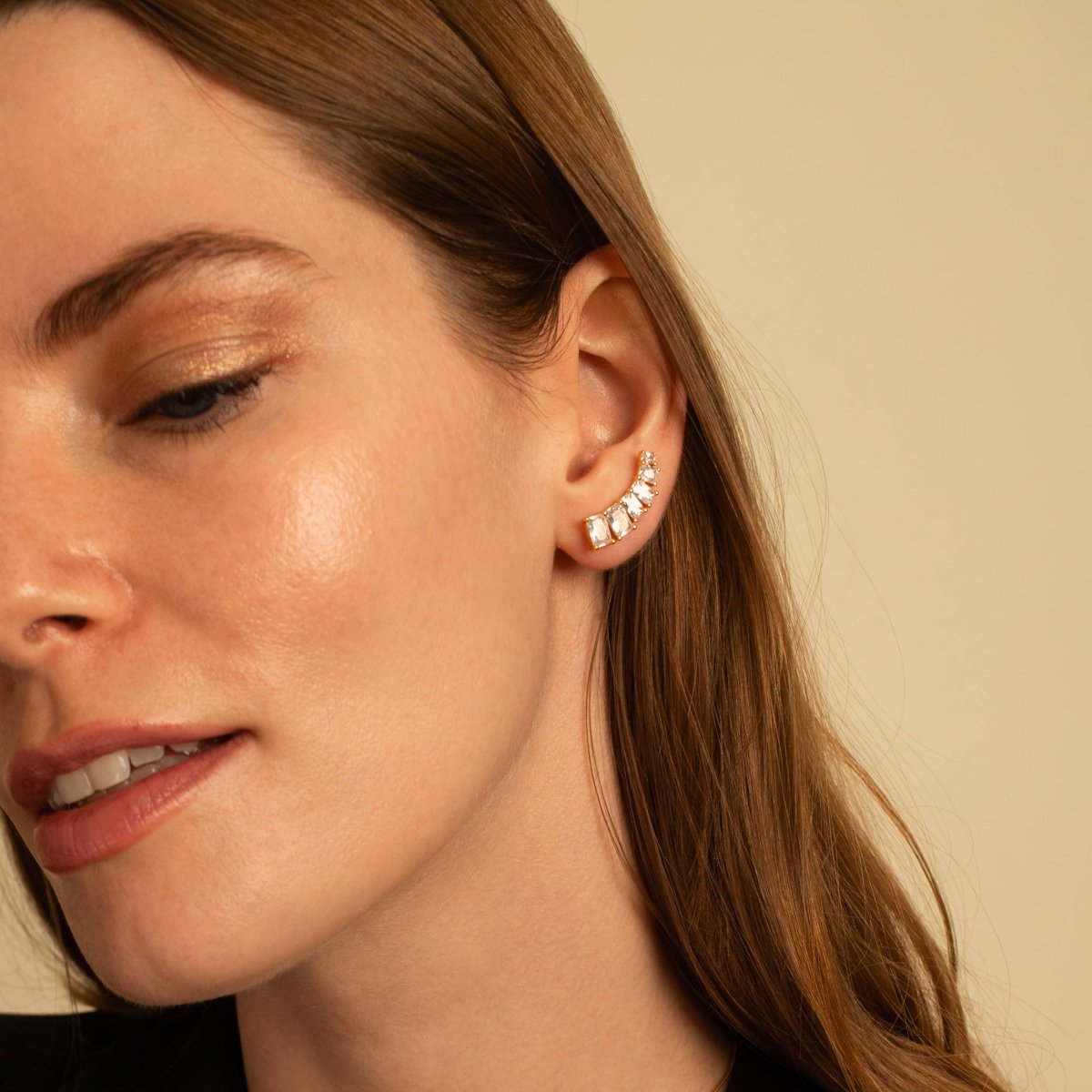 Gold Emerald Cut Ear Climbers