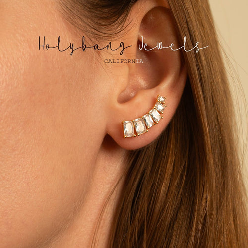 Gold Emerald Cut Ear Climbers