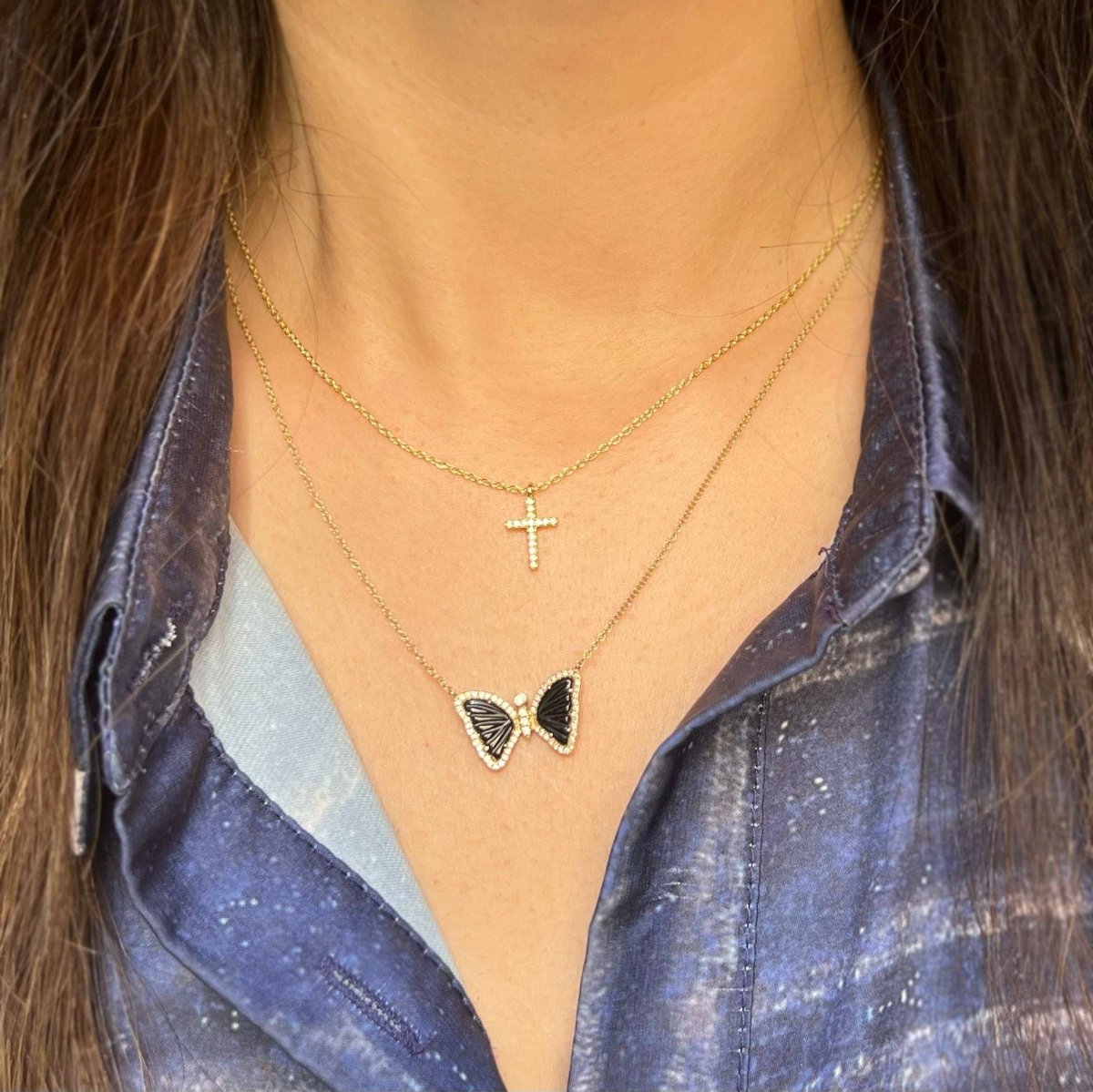 Gold Mini Cross Necklace With Crystals by Kamaria Jewelry