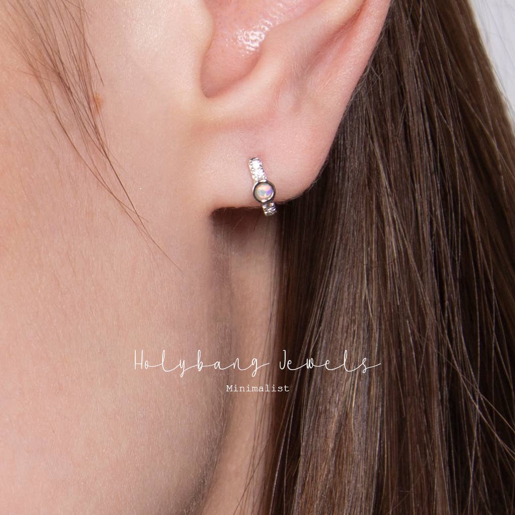 Gold Solitaire Opal and CZ Huggie Hoops by HolyBang Jewels