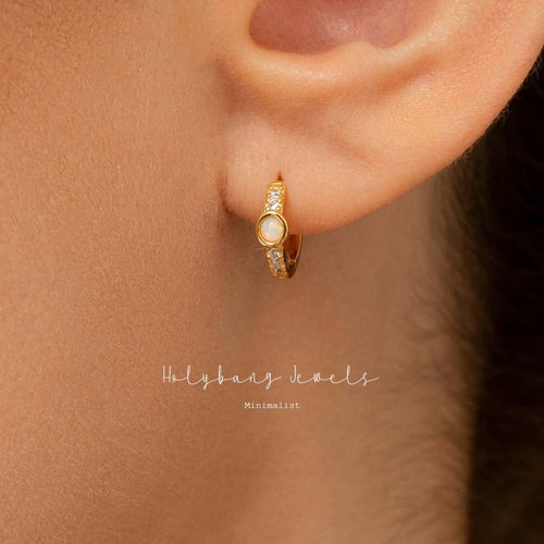 Gold Solitaire Opal and CZ Huggie Hoops by HolyBang Jewels