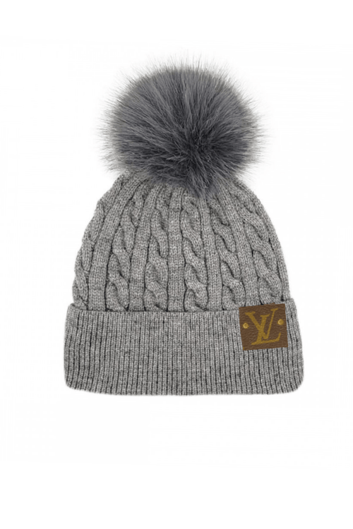 Gray Upcycled LV Cable Knit Pom Beanie