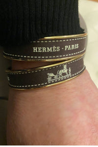 Hermes Inspired Upcycled Cuff Bracelet With Brown Ribbon - Red Bird Road