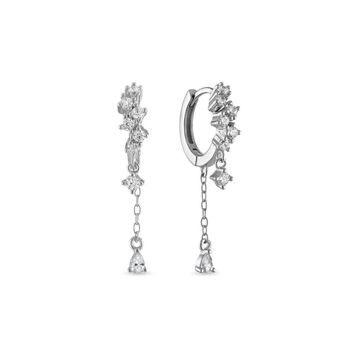 14k Vermeil Cluster Huggie with Dangle Chain Drop Earrings
