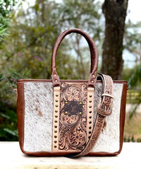 Kara Upcycled Cowhide Leather Tote Crossbody Bag Western