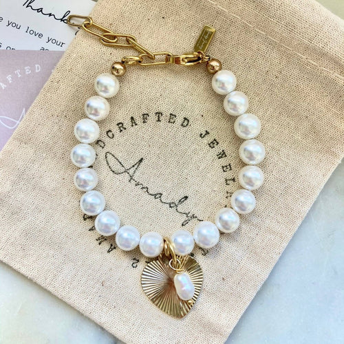 Love The Water Freshwater Pearl Gold Heart Charmed Bracelet Coquette
