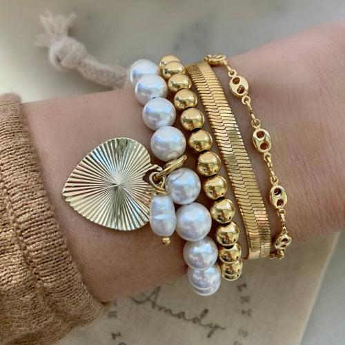 Love The Water Freshwater Pearl Gold Heart Charmed Bracelet Coquette