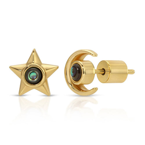 Lucky Star + Moon Studs - Abalone by Elizabeth Stone Jewelry