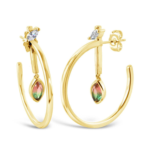 Marquise Dangle Hoops - Gold- Watermelon Quartz