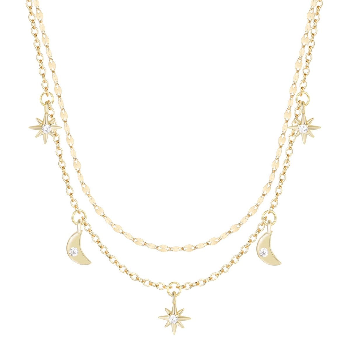 Moon and Stars Celestial Double Layering Necklace by Kamaria Jewelry