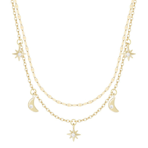 Moon and Stars Celestial Double Layering Necklace by Kamaria Jewelry