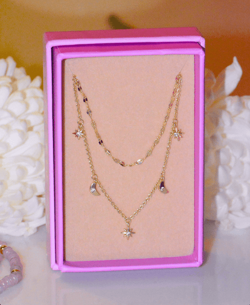 Moon and Stars Celestial Double Layering Necklace by Kamaria Jewelry