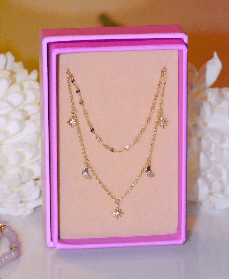 Moon and Stars Celestial Double Layering Necklace by Kamaria Jewelry