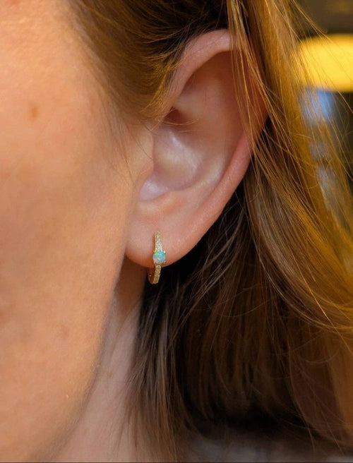 Opal And Crystal Huggie Earrings: Light Green Opal by Kamaria Jewelry