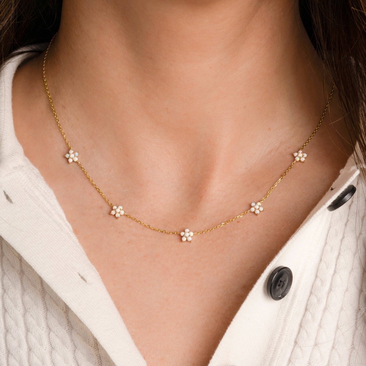 Opal Flower Charm Necklace: Gold