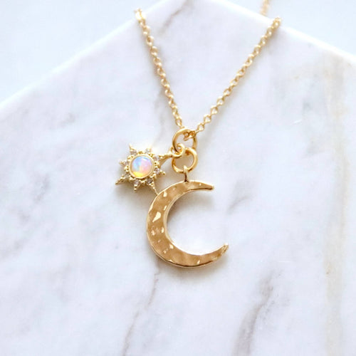 Opal Sun and Hammered Moon Necklace