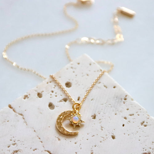 Opal Sun and Hammered Moon Necklace