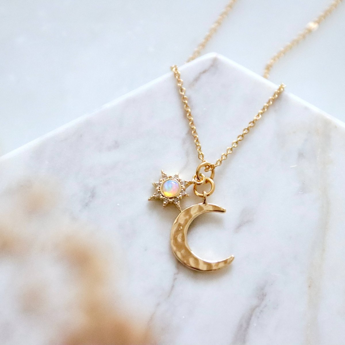 Opal Sun and Hammered Moon Necklace