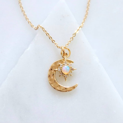 Opal Sun and Hammered Moon Necklace