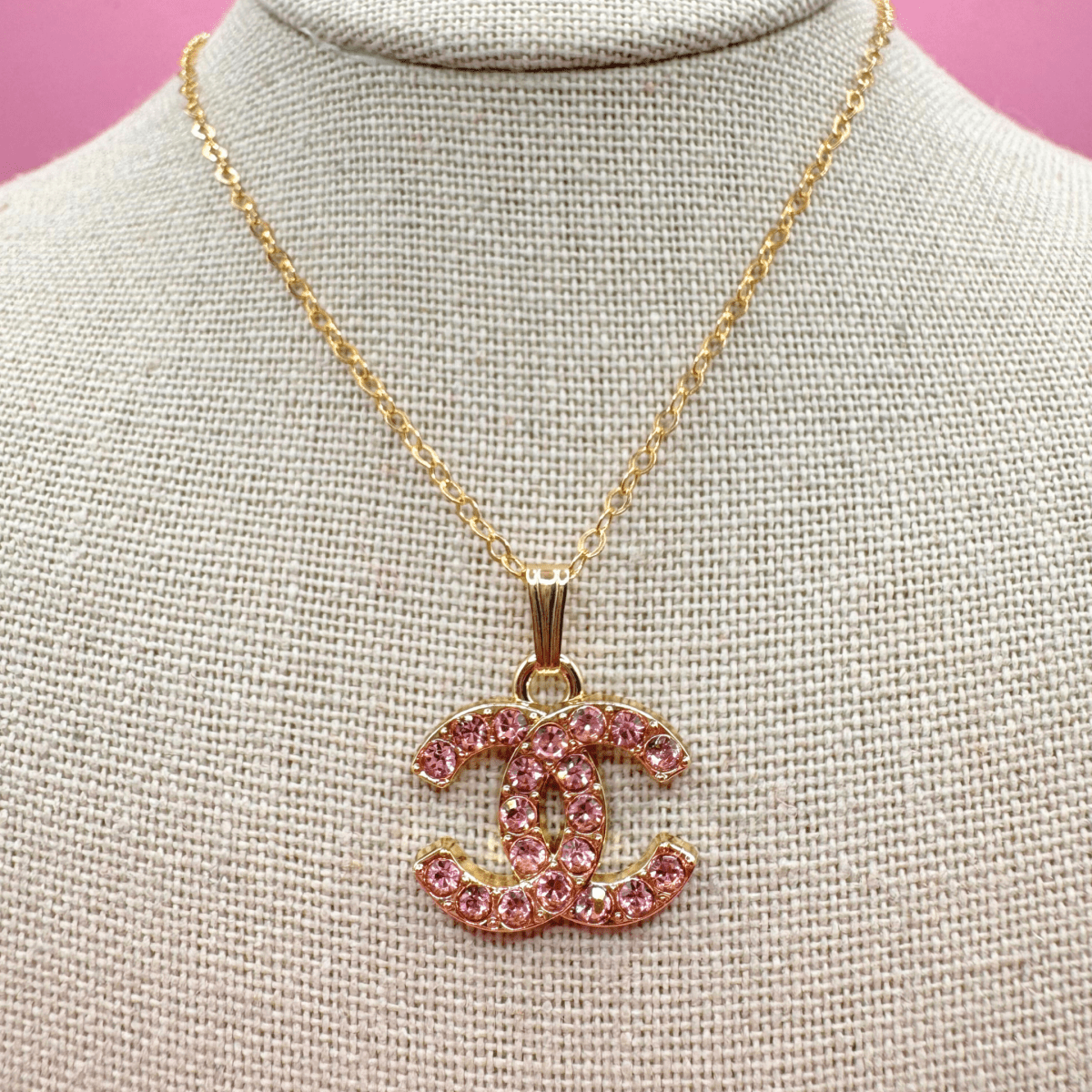 Pink CC Emblem Charm Necklace