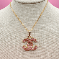 Pink CC Emblem Charm Necklace