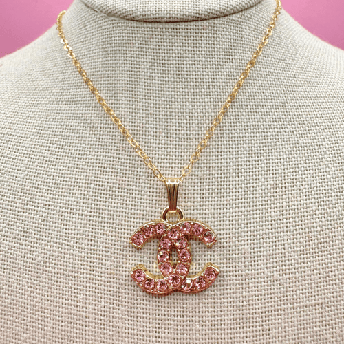 Pink CC Emblem Charm Necklace