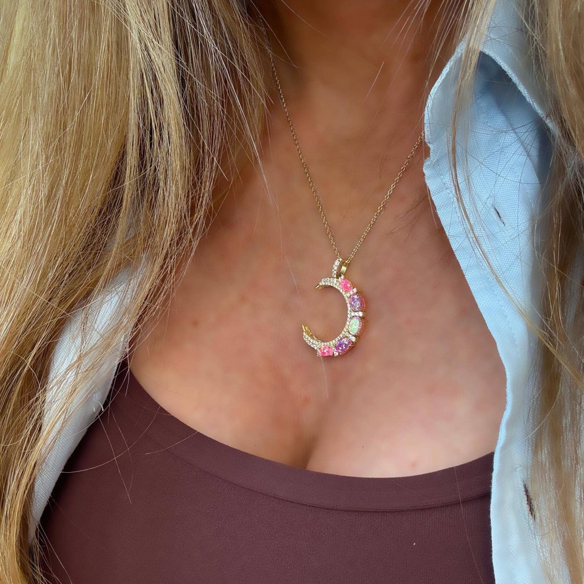 Pink Opal Crescent Moon Pendant by La Kaiser