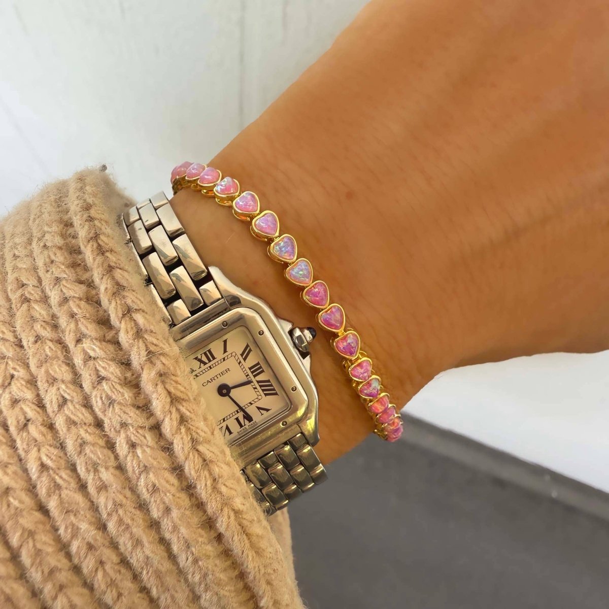 Pink Opal Ombre Heart and Heart Tennis Bracelet by La Kaiser