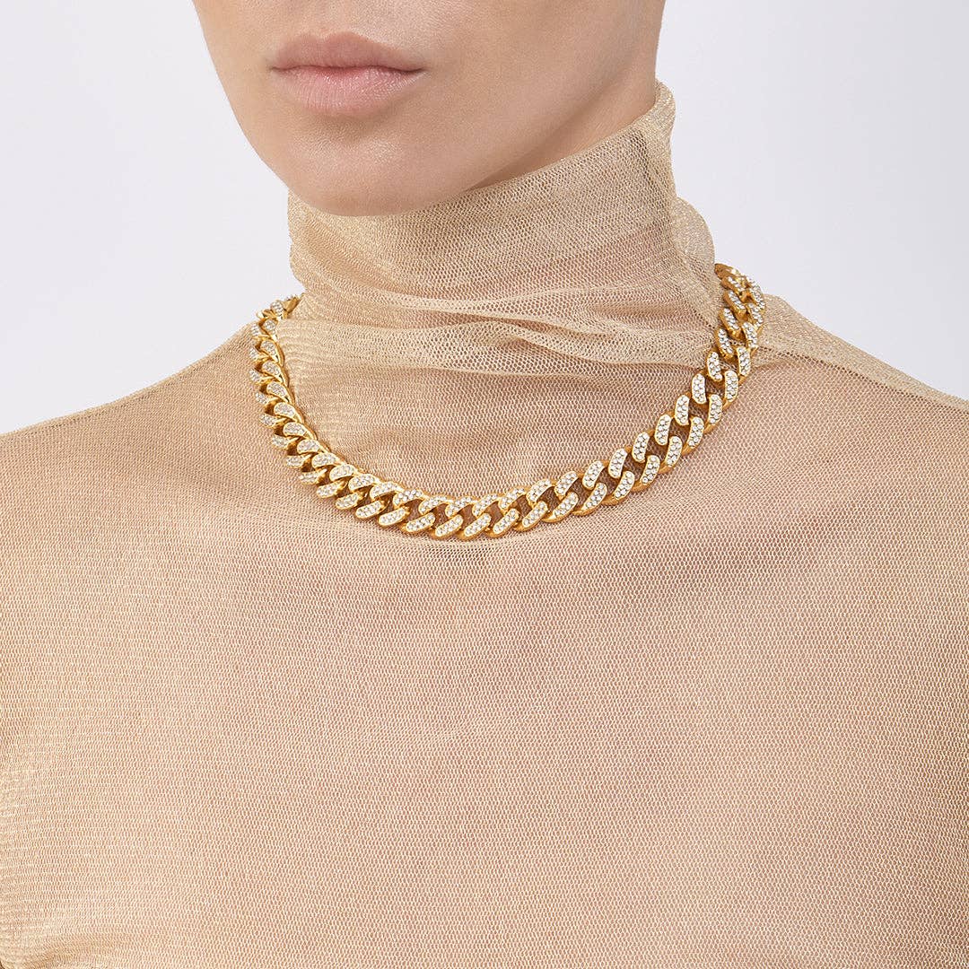 Radiance 14k Gold Plated Flat Curb CZ Chain Necklace Yellow Gold