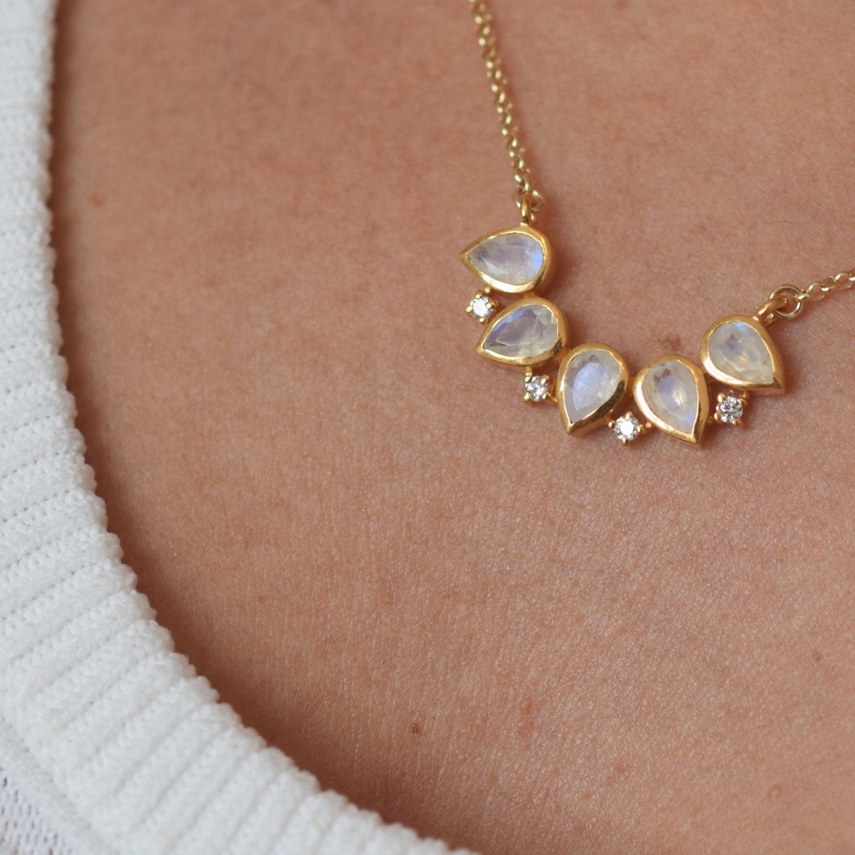 Rainbow Moonstone and Diamond Horizon Pendant Necklace by La Kaiser